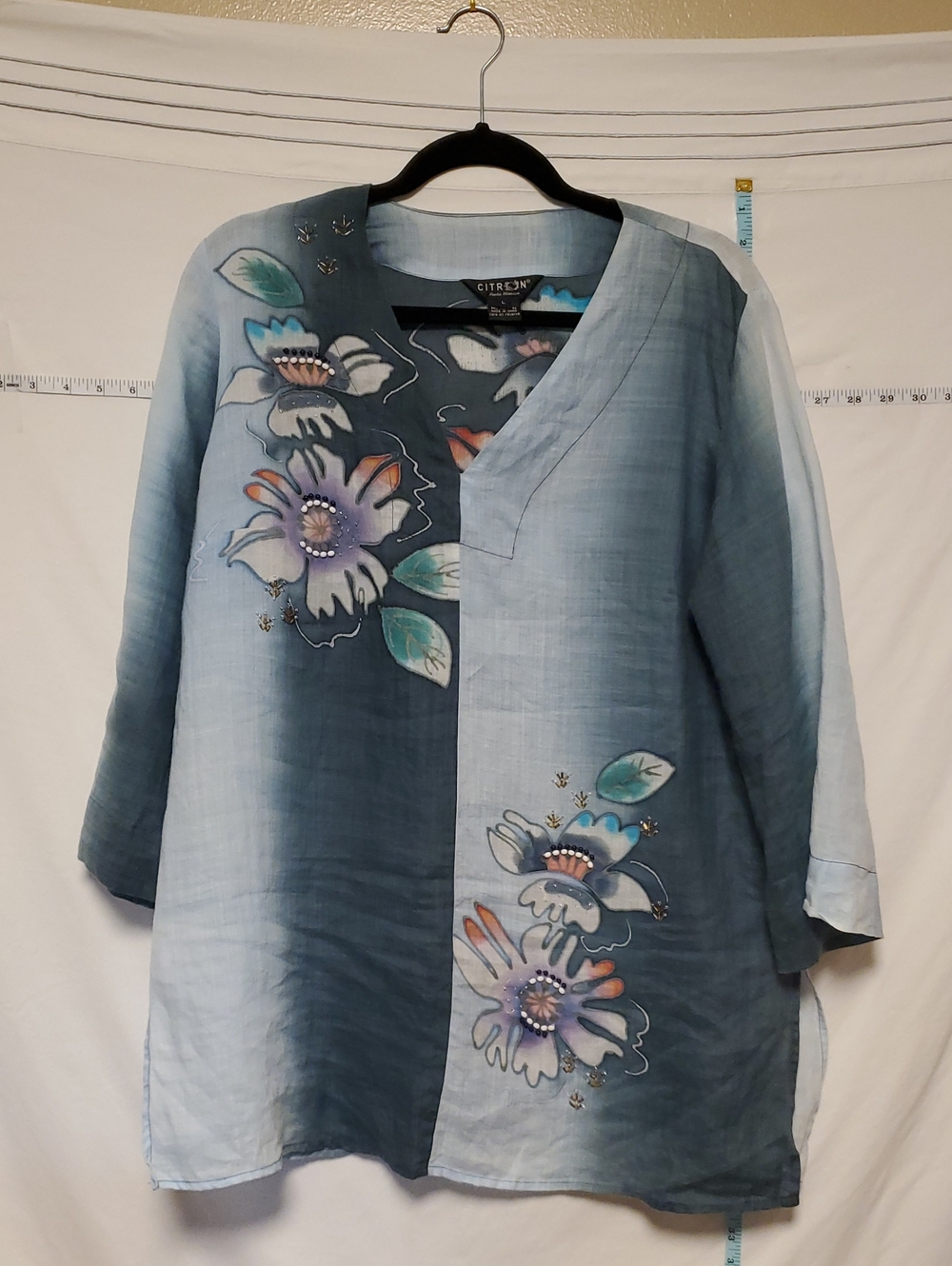 Citron Ramie Hand Painted Blue Floral Beaded Tunic Lg Boho Art To Wear Festival